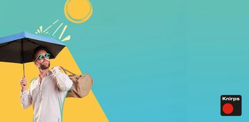 Knirps HeatShield mit UV-Schutz und Hitzereduzierung Mann trägt Knirps HeatShield Regenschirm mit UV-Schutz und Hitzereduzierung, dazu eine Reisetasche über der Schulter.