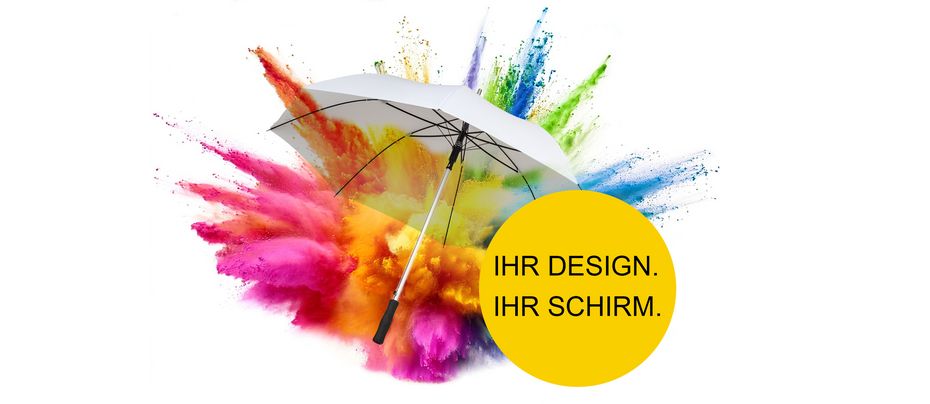Regenschirm Gestaltungsmöglichkeiten Weisser Regenschirm mit farbenfroher Pulver-Explosion als Gestaltungsmöglichkeit, rechts daneben Banner mit Text ‚Ihr Design. Ihr Schirm.