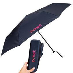 Offsetdruck auf Case und Schirm Offsetdruck von einem Logo auf einem dunkelblauen Knirps Regenschirm