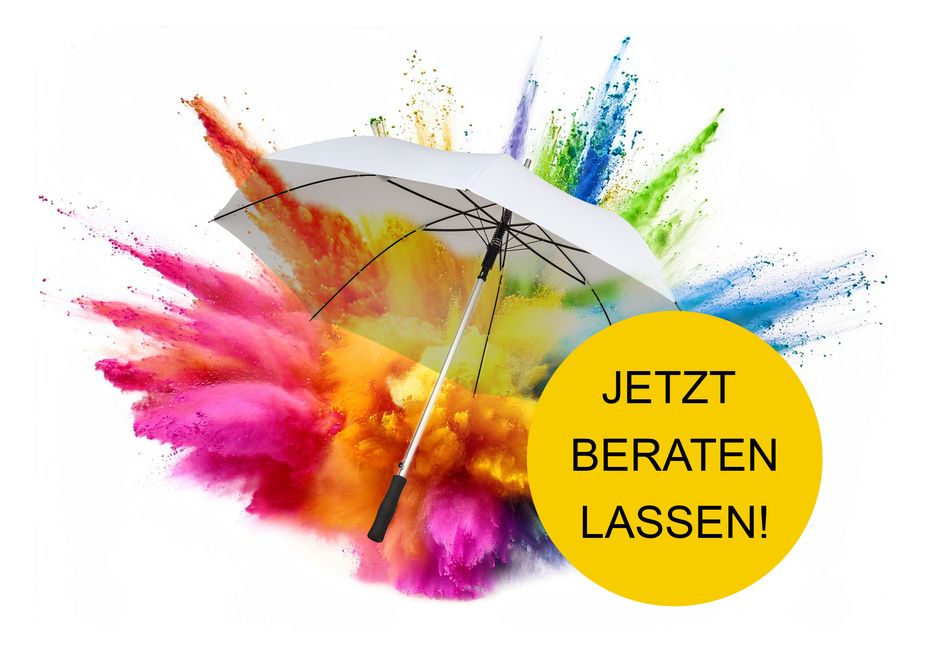Gestaltungsmöglichkeiten Regenschirme Weisser Regenschirm mit bunter Farbexplosion aus Farbpulver bedruckt, daneben Button mit Aufschrift ‚Jetzt beraten lassen