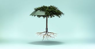 Knirps Vision Regenschirm offen, zur Hälfte als Baum mit Wurzeln dargestellt Knirps Vision Regenschirm offen, zur Hälfte als Baum mit Wurzeln dargestellt