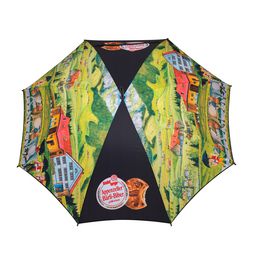 Allover Digitaldruck Appenzeller Bärli Bieber Motiv, das über die gesamte Fläche eines Schirms gedruckt ist