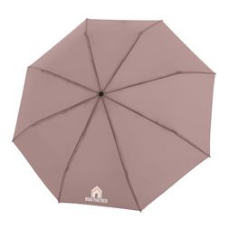 Siebdruck auf einem Segment Knirps Timber Duomatic Regenschirm in Rosa mit hochwertigem Holzgriff und bedrucktem Logo auf dem Schirmdach